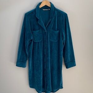 Soft Surroundings Velvet Boyfriend Button Down Tunic Shirt Large Teal Blue
